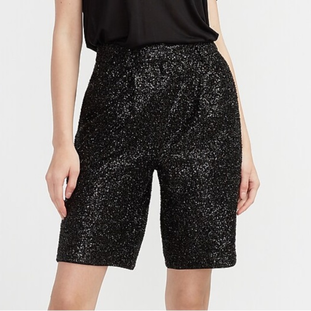 NWT EXPRESS High Waisted Black Sparkly Bermuda Shorts 0